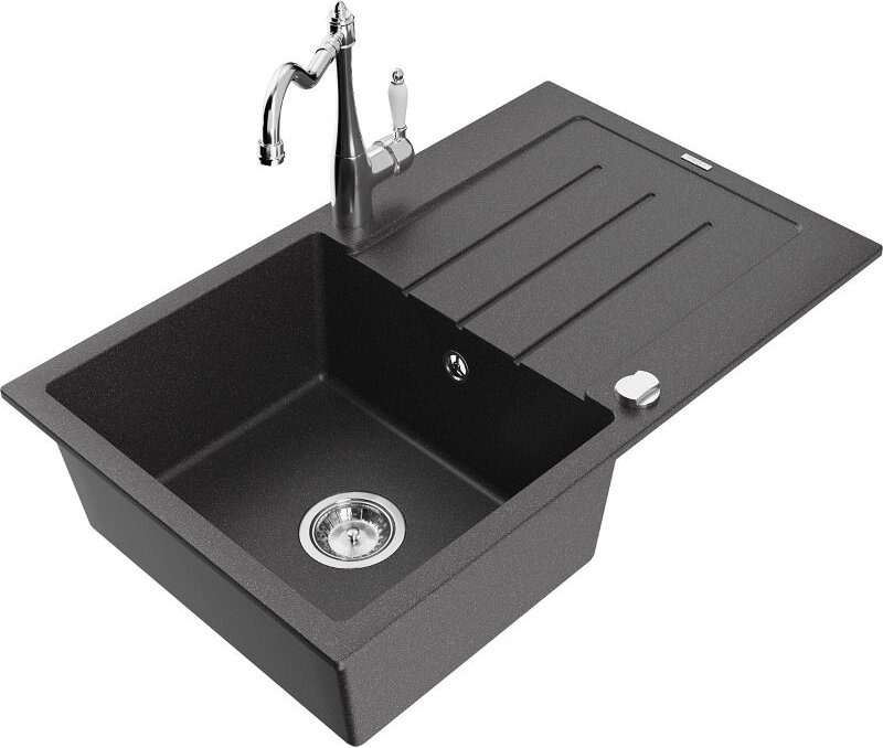 Bruno 1 Becken-Granitspüle mit Abtropffl√§che und Mischbatterie Carla, Schwarz gesprenkelt - 6513-76-670700-00 - Mexen