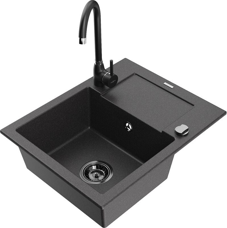 Thumbnail - Enzo 1 Becken-Granitspüle mit Abtropffl√§che und Mischbatterie Telma, Schwarz gesprenkelt - 6506-76-670200-70-B - Mexen