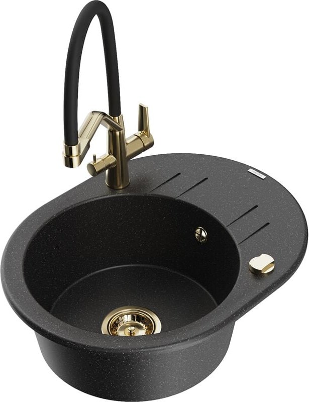 Mexen Kevin 1-Becken-Granitspüle mit Mischbatterie Duo, Schwarz/Silbermetallic - 6517-73-671701-57-G