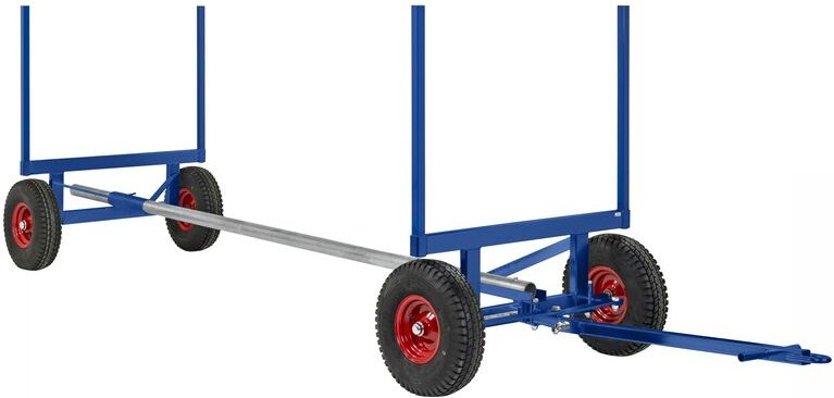 Kongamek Langgutwagen in blau mit 4 Eckpfosten 6000mm lang 3500kg Tragkraft Luftbereifung