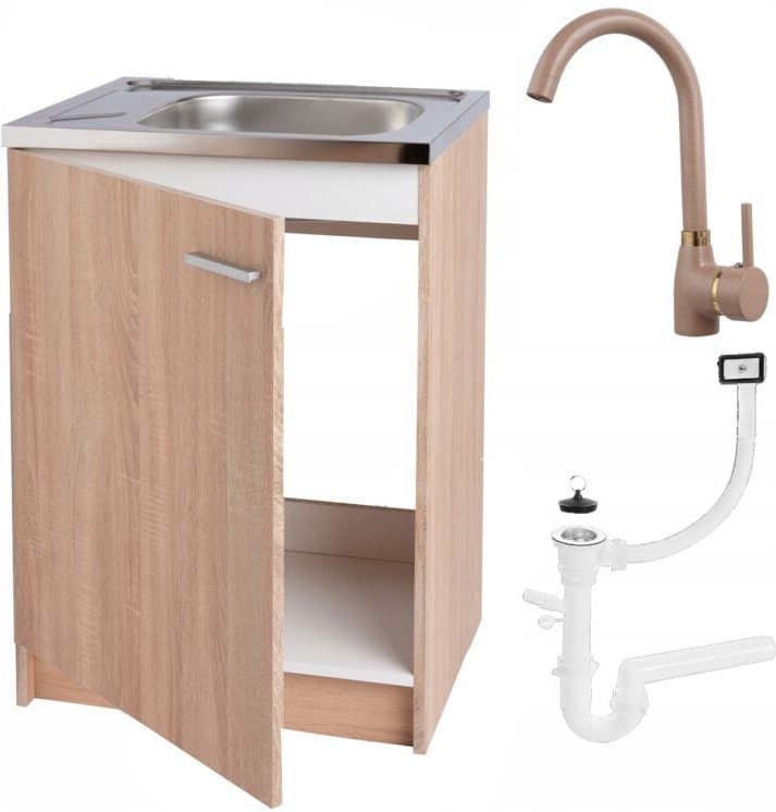 STAMAR Küchenschrank Sonoma 60 Slim - Beige - Inox Spüle + Hochdruckarmatur - Praktisch und Elegant