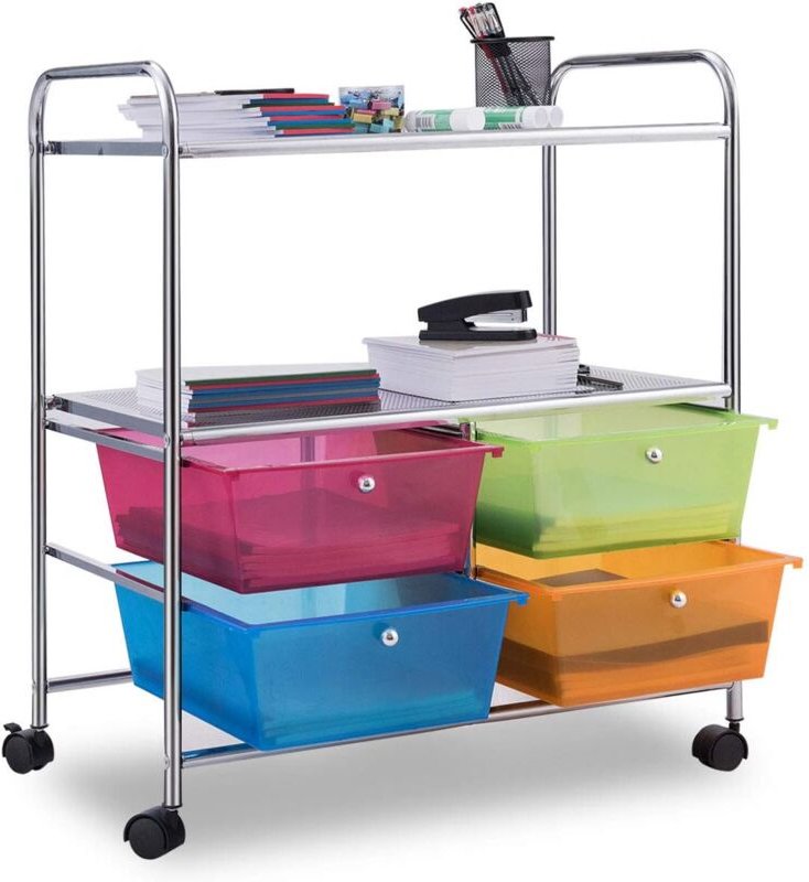 Costway - Rollwagen mit 4 stapelbaren Schubladen, Schubladenwagen Rollcontainer mit Metallgestell und Ablageflächen, Bad...