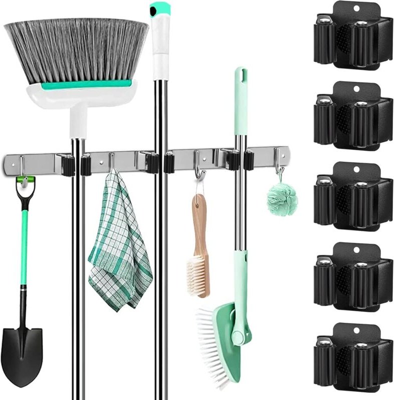 6-teiliger Besenhalter zur Wandmontage, Besenhalter zur Wandmontage, Besenaufhänger aus Edelstahl (schwarz) 6 x 6,2 cm -...