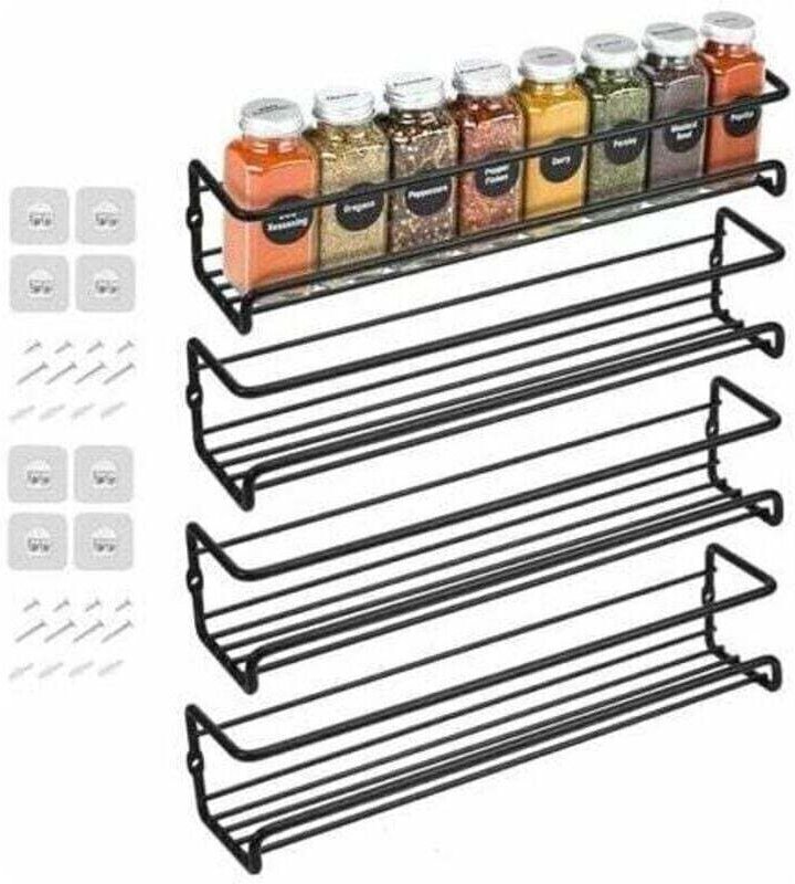 4er-Set Gewürzregale aus Metall, Wandmontage mit Klebe- oder Schraubenfunktion, schwarz