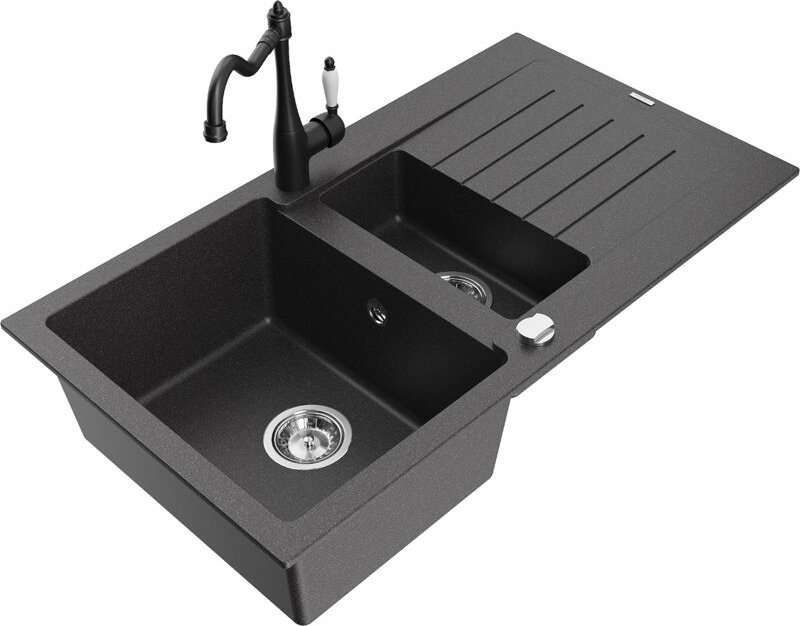 Matias 1,5-Becken-Granitspüle mit Abtropffläche und Mischbatterie Carla, Schwarz gesprenkelt - - Mexen