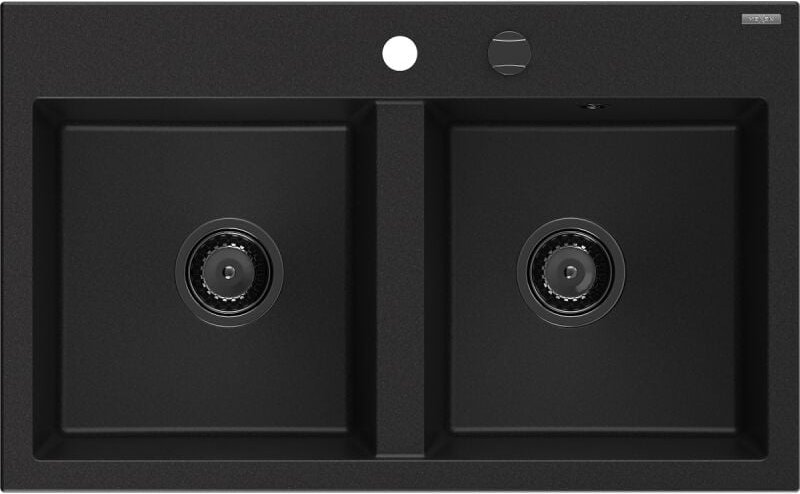 Hektor Granitspüle 2-Kammer 800 x 480 mm, schwarz, schwarzer Siphon - 6521802000-77-B - Mexen