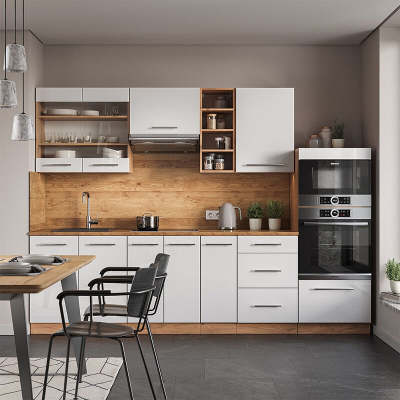Küchenzeile Fame-Line, Weiß Hochglanz/Goldkraft Eiche, 280 cm , AP Anthrazit, Vicco