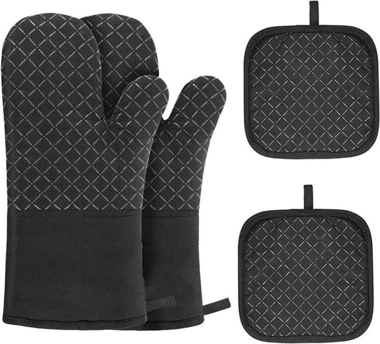 Thumbnail - Ofenhandschuhe, 4 Stück, Topflappenhandschuhe, Küchenhandschuhe mit Topflappenmatte, hitzebeständiger, rutschfester Ofen...