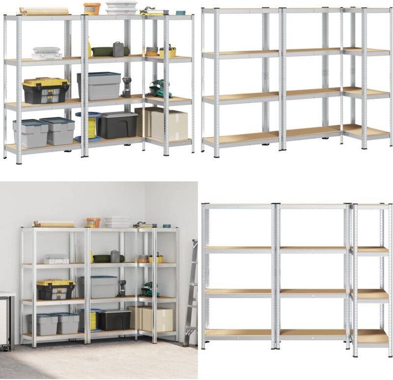 Lagerregale mit 4 Böden 3 Stk. Silbern Stahl & Holzwerkstoff - Vidaxl