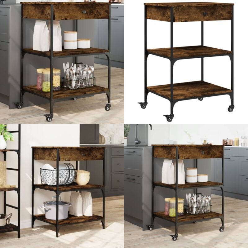 Küchenwagen Räuchereiche 60x48x89,5 cm Holzwerkstoff - Küchentisch - Küchenschrank - Kücheninsel - Holztisch - Vintage S...