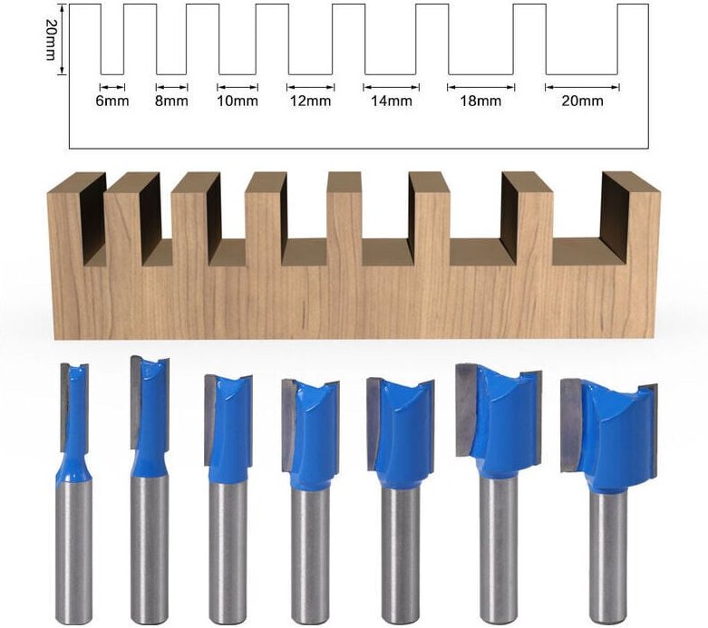 Thumbnail - 7-teiliges 8-mm-Fräser-Set zum Reinigen von Holz, Fräser mit 6/8/10/12/14/18/20 mm Durchmesser, bündiges Muster-Fräser-S...