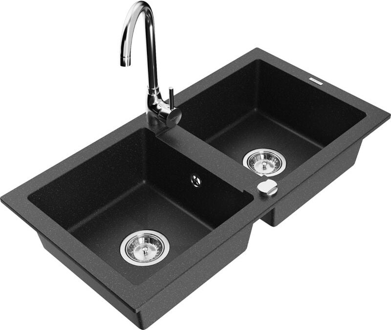 Mario 2-Becken-Granitspüle mit Mischbatterie Telma, Schwarz/Silber - 6504-73-670200-00 - Mexen