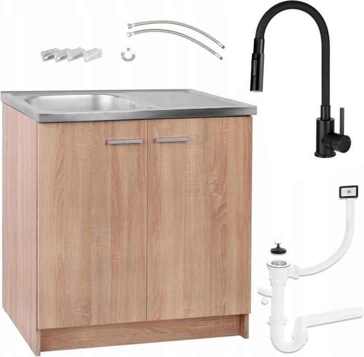 STAMAR Küchenunterschrank 80x50 - Eiche Sonoma - 2-in-1 mit Spüle und schwarzem Wasserhahn - Praktisch und Modern