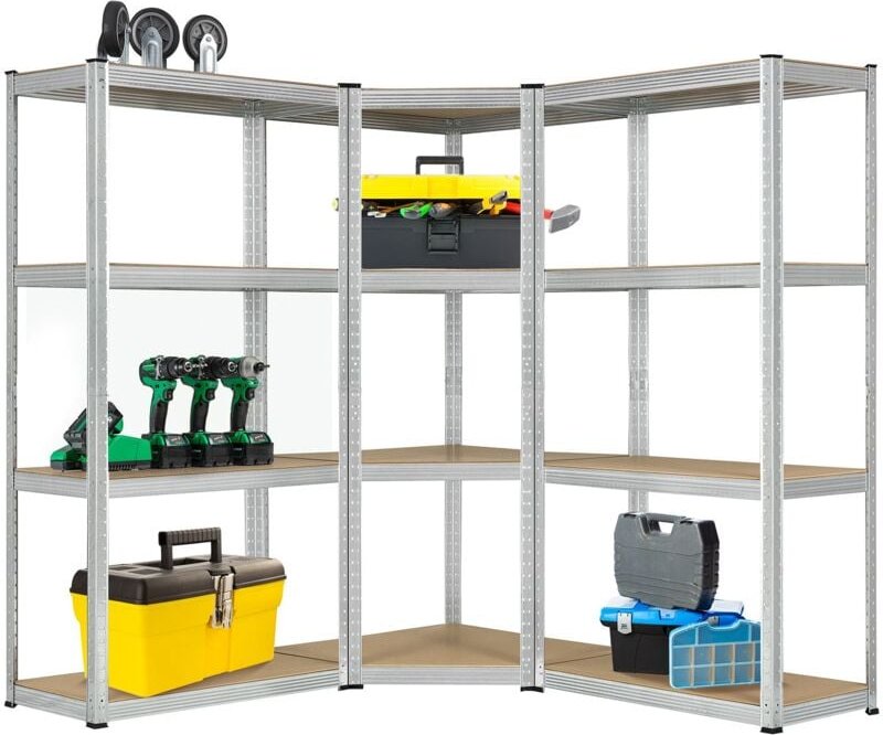 3er Metall Regalsystem Easy - 1 Eckregal & 2 Lagerregale - 12 mdf Holz Böden - 960 kg - verzinkt - Stecksystem - Schwerl...