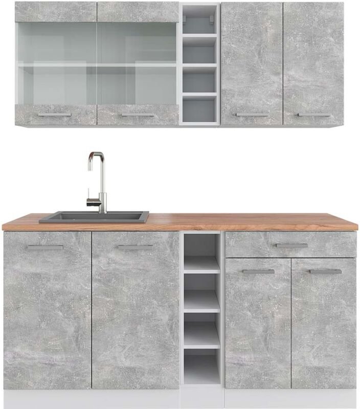 Vicco - Singleküche R-Line, Beton/Weiß, 160 cm , ap Eiche