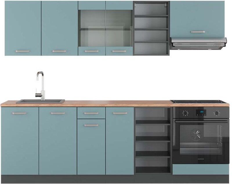 Vicco - Küchenzeile R-Line, Blau-Grau/Anthrazit, 240 cm , ap Eiche