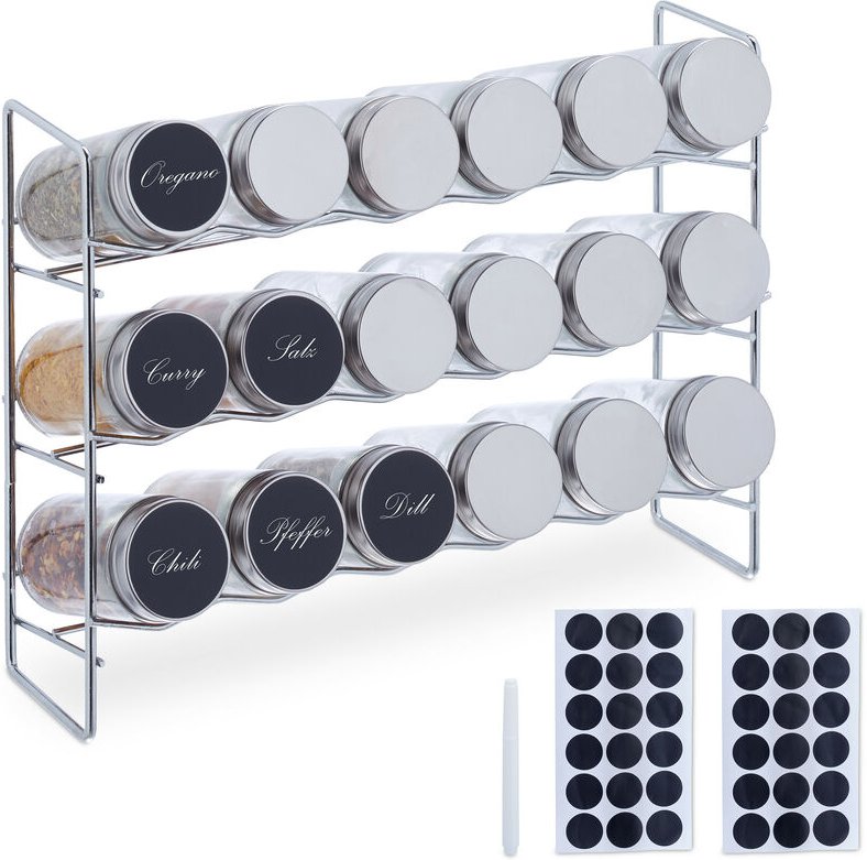 Relaxdays - Gewürzregal mit 18 Gewürzgläsern, inkl. 36 Etiketten, Gewürzdosen zur Aufbewahrung, hbt: 22x29x9,5 cm, silbe...