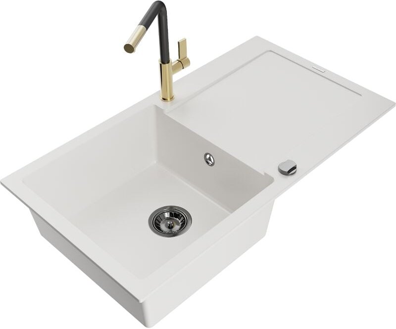 Leo 1 Becken-Granitspüle mit Abtropffl√§che und Mischbatterie Flora, Wei√ü - 6501-20-670401-57-B - Mexen