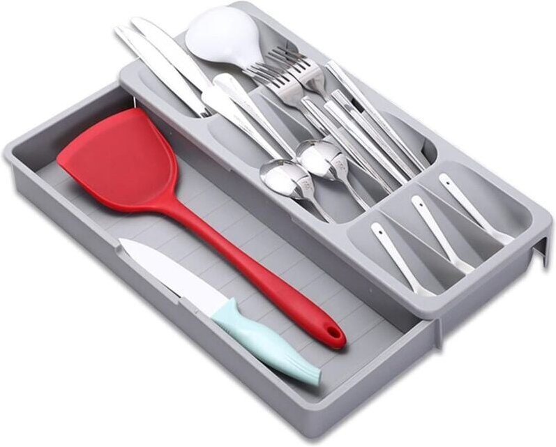 Kompakter Besteckkasten aus Kunststoff, 17–30 cm, erweiterbarer Besteckschubladen-Organizer, Utensilienhalter für die Au...