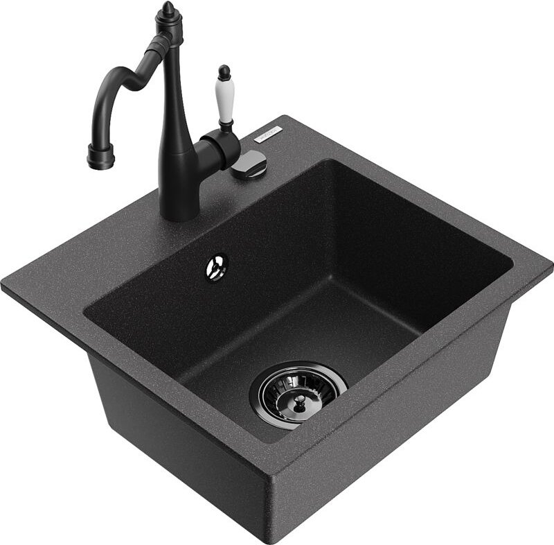 Mexen Milo 1-Becken-Granit-Spüle mit Mischbatterie Carla, Schwarz gesprenkelt - 6505-76-670700-70-B