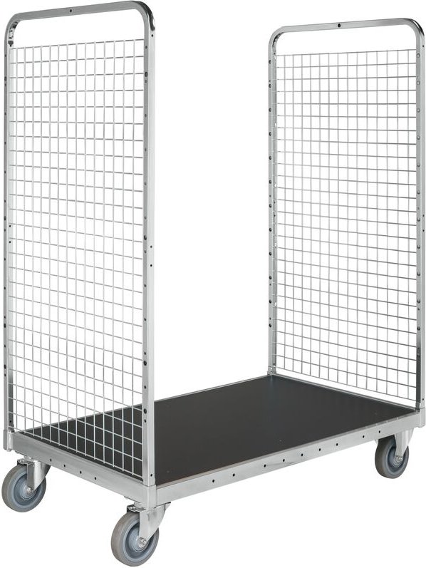 Kongamek Kommissionierwagen verzinkt 1295x810x1700mm mit 2 Gitterwänden und Ladefläche aus Sperrholz ohne Bremse