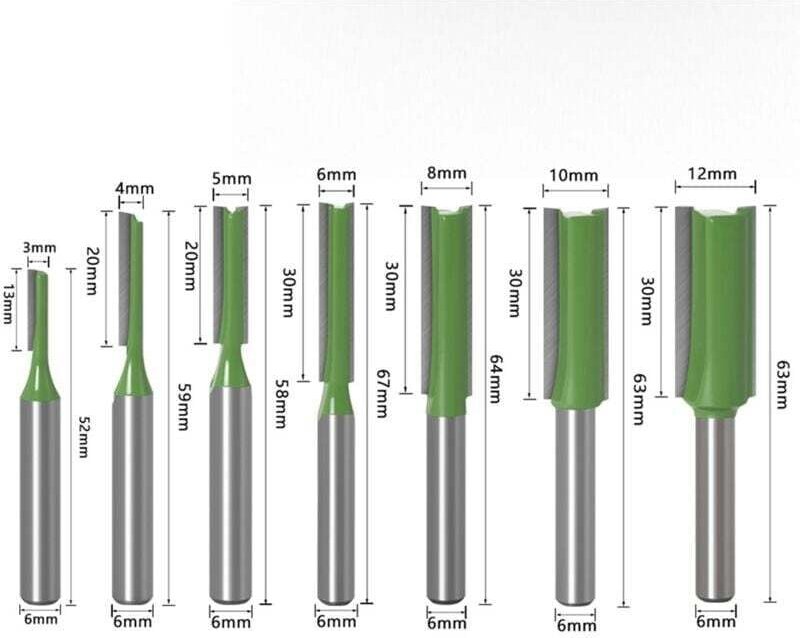 Set mit 7 professionellen Holzfräsern (3–12 mm) – 6-mm-Schaft, Doppelnut – Für Fräser und Zimmerei