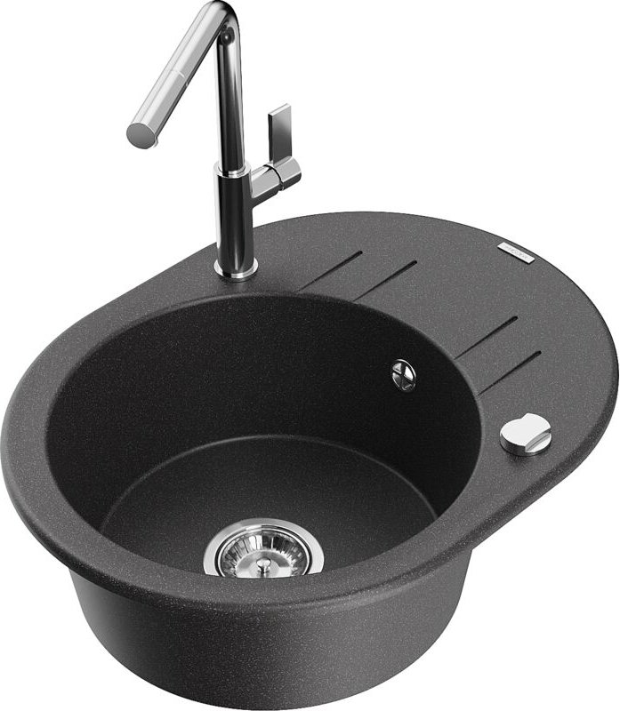 Kevin 1 Becken-Granitspüle mit Abtropffläche und Mischbatterie Flora, Schwarz gesprenkelt - 65 - Mexen