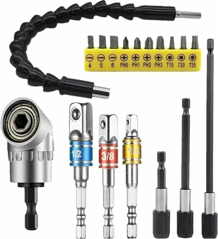 Thumbnail - Jalleria - Flexibler Bohrer-105°-Adapter – 3 Akkuschrauber-Adapter (1/4, 3/8, 1/2 Zoll), 1 flexibles Winkelverlängerungs...