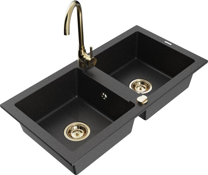 Mario 2-Becken-Granitspüle mit Mischbatterie Telma, Schwarz/Silber - 6504-73-670200-50 - Mexen