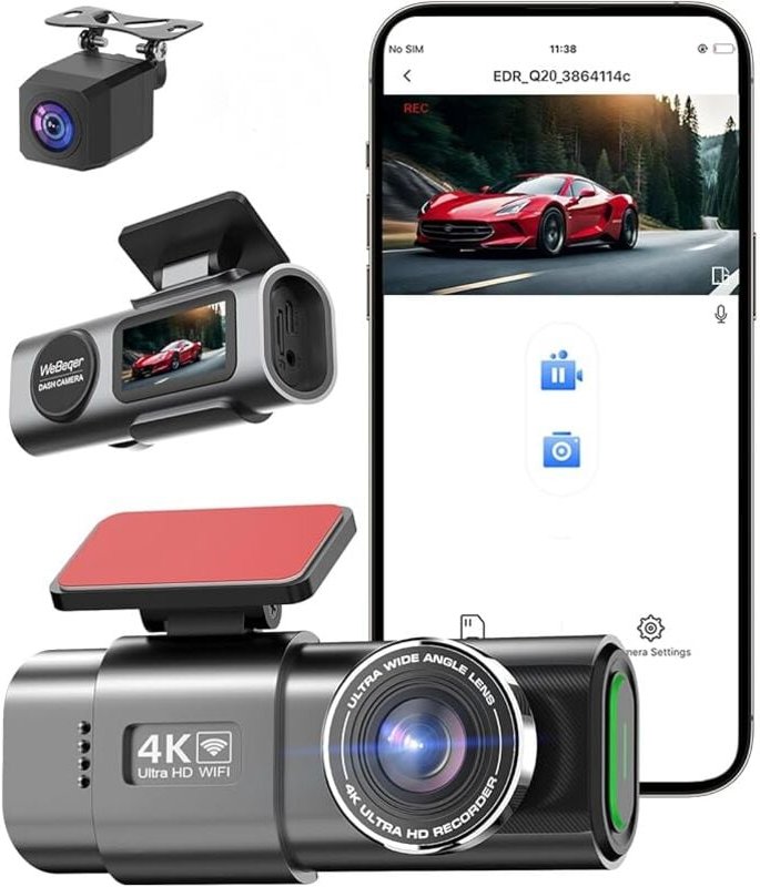 4K+1080P WiFi Dashcam, Front-/Heck-Dashcam mit 128G SD-Karte, App-Steuerung, Nachtsicht, G-Sensor, Loop-Aufnahme, WDR