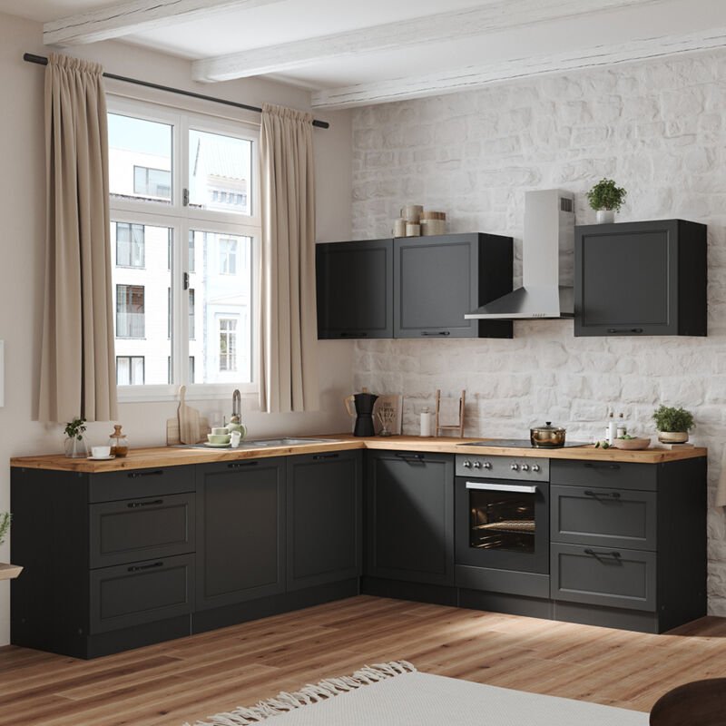 Lomadox - Winkelküche 240/240 cm mit E-Geräten in grau, Arbeitsplatte in Eiche, MONTERREY-03