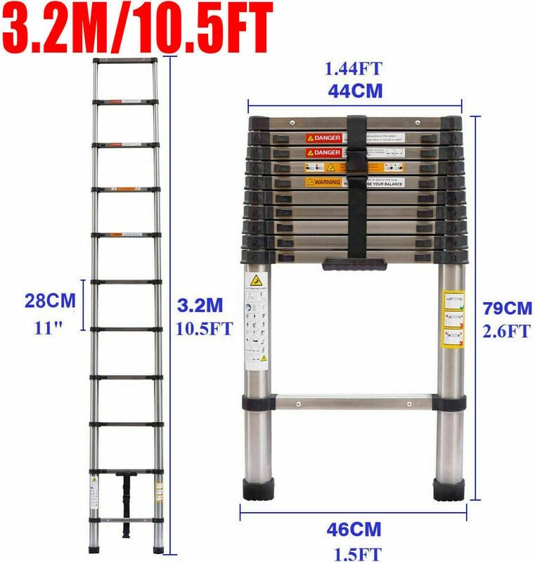 10.5FT Höhe Teleskopleiter 3,2M Ausziehbare Leiter, Klappleiter Stehleiter Rutschfester, aus hochwertigem Edelstahl, Aus...