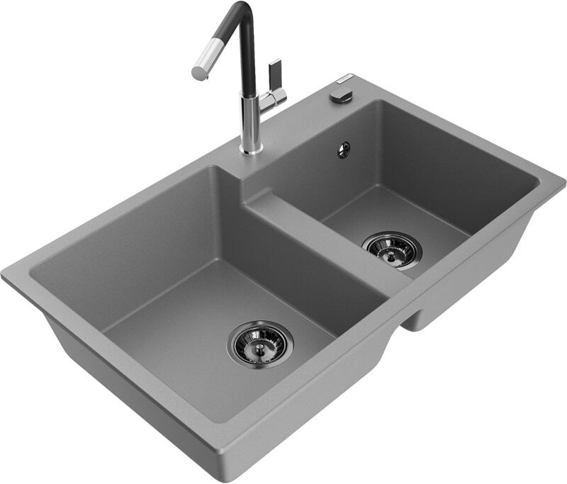 Tomas 2-Becken-Granitspüle mit Mischbatterie Flora, Grau - 6516-71-670401-07-B - Mexen