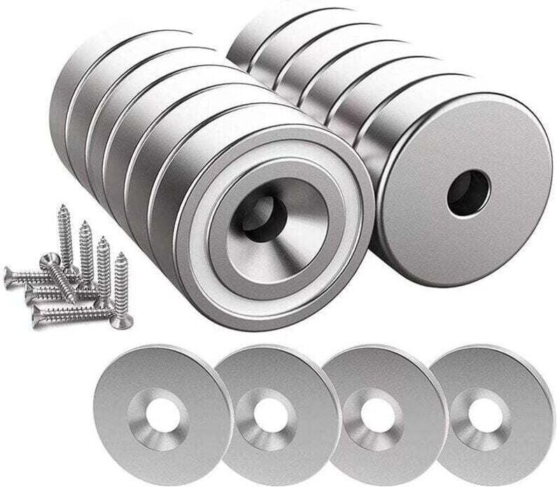 12 Stück Neodym-Magnete 10 kg Stärke 20 x 7 mm mit Loch und Kapsel, Senktopfmagnet mit Schrauben und 12 Stahlkissen (Sil...