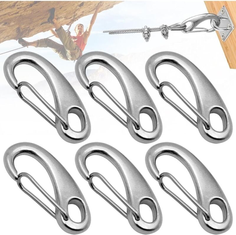 Thumbnail - 6 Stück Karabiner aus 304 Edelstahl, 50 mm Edelstahlkarabiner, eiförmiger Karabiner, Edelstahl-Federkarabiner, Kletterka...