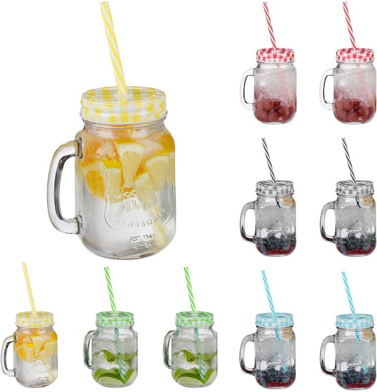Relaxdays - Trinkgläser mit Deckel und Strohhalm, 10er Set Limonadengläser, 500 ml, Retro Sommergläser mit Henkel, bunt