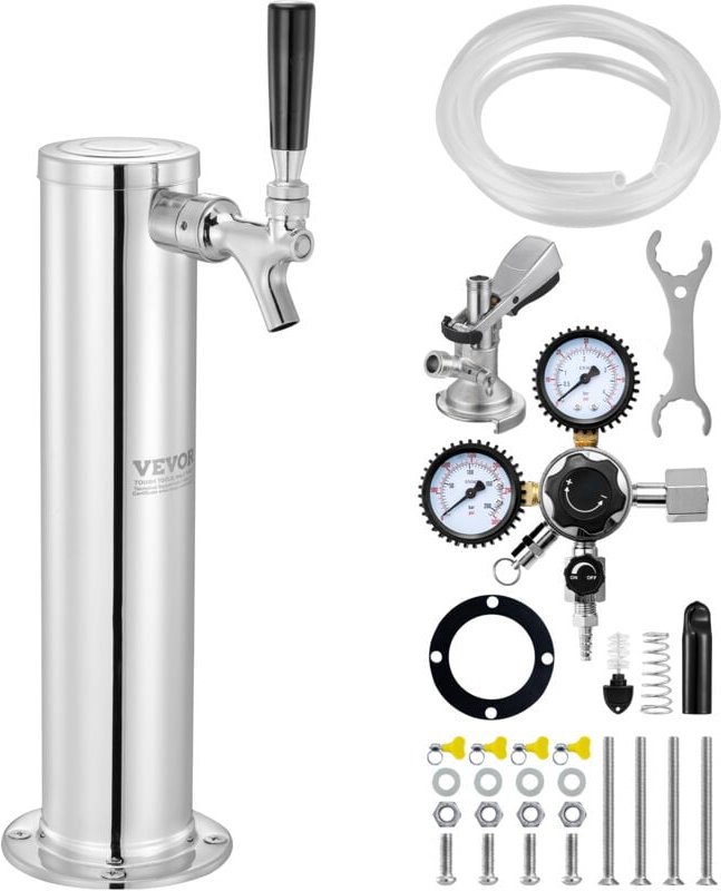 Vevor Kegerator-Turm-Kit, Einzelzapfhahn-Bierumrüstsatz, Edelstahl-Fass-Bierturm-Zapfanlage mit Doppelmessgerät W21.8-Re...