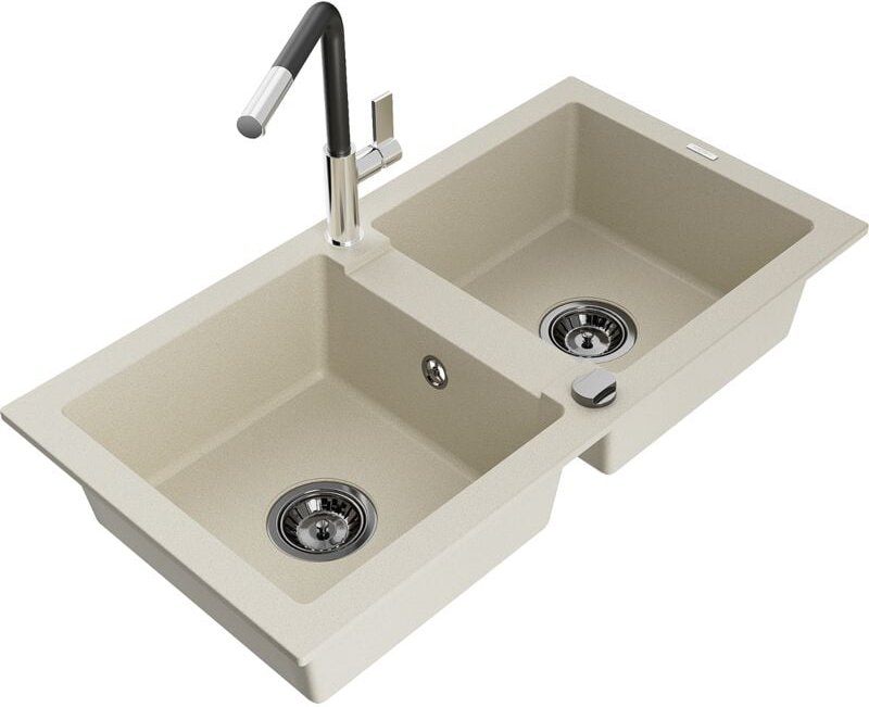 Mario 2-Becken-Granitspüle mit Mischbatterie Flora, Beige - 6504-69-670401-07-B - Mexen