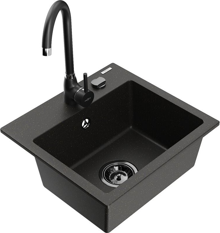 Mexen Milo 1-Becken-Granit-Spüle mit Mischbatterie Telma, Schwarz/Gold - 6505-75-670200-70-B