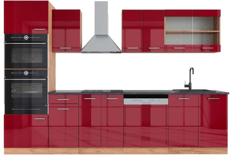 Thumbnail - Küchenzeile R-Line, Bordeaux Hochglanz/Goldkraft Eiche, 300 cm mit Hochschrank, AP Anthrazit, Vicco