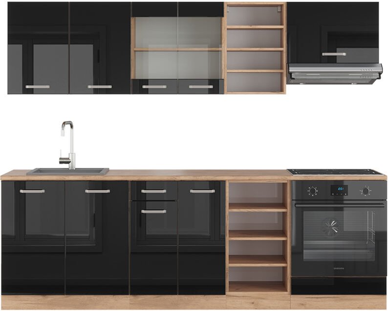 Thumbnail - Vicco - Küchenzeile R-Line, Schwarz Hochglanz/Goldkraft Eiche, 240 cm , ap Eiche