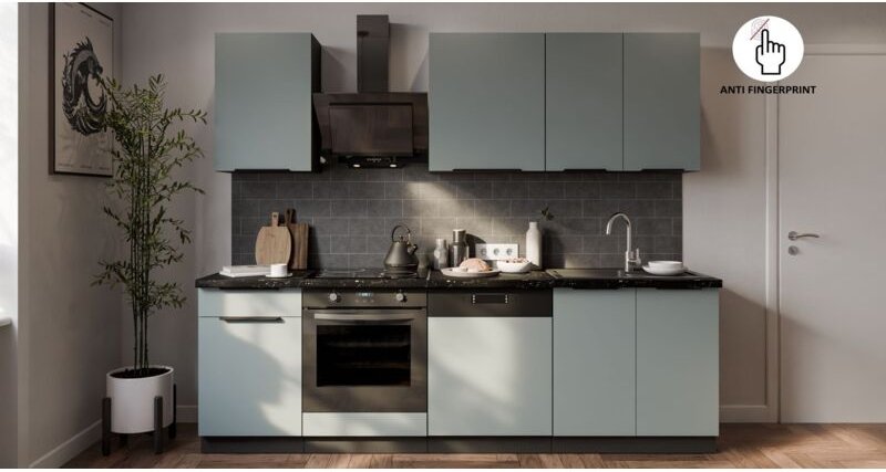 Küche ARIA K-BL Basic 250 cm Anti Fingerprint Küchenzeile Küchenblock Singleküche EinbaukücheAQUAMARINE - AFM