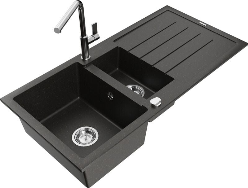 Andres 1,5-Becken-Granitspüle mit Abtropffläche und Mischbatterie Flora, Schwarz/Gold metallis - Mexen