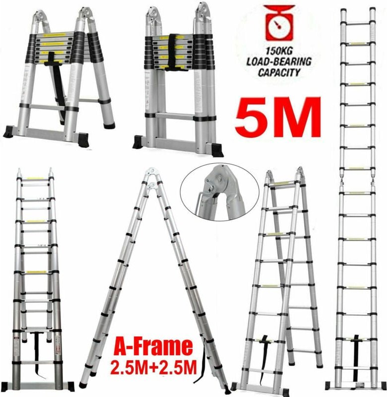 5m Teleskopleiter Trittleiter 2,5m + 2,5m Klappleiter, robuste Aluminium-Ausziehleiter für Zuhause, Büro, Dachboden, Woh...