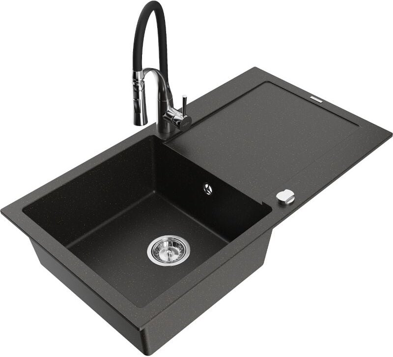 Leo 1 Becken-Granitspüle mit Abtropffl√§che und Mischbatterie Aster, Schwarz/Gold metallisch - 6501-75-73450-07 - Mexen