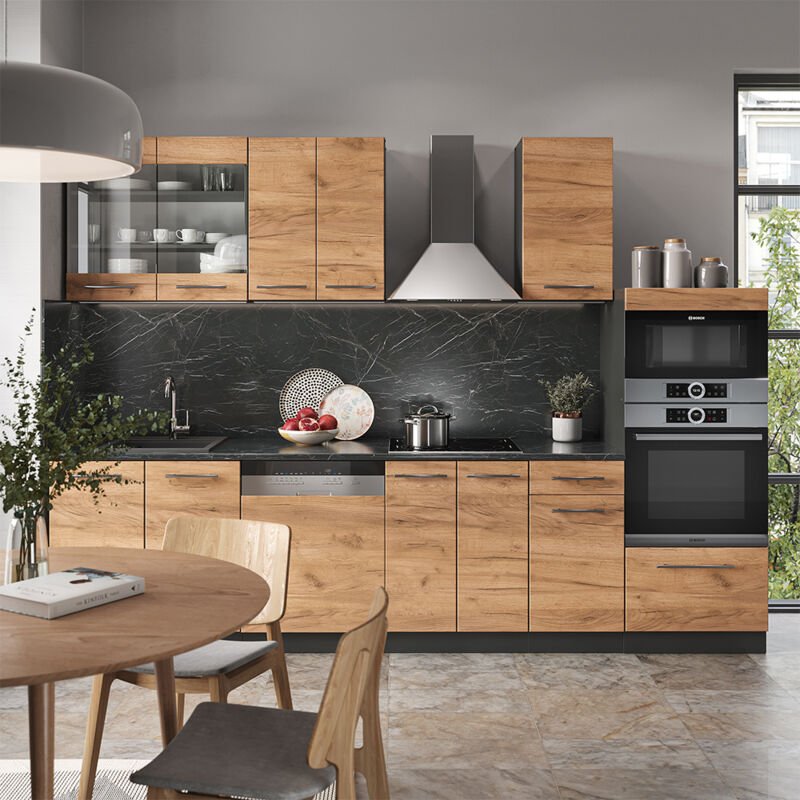 Vicco - Küchenzeile Fame-Line, Goldkraft Eiche/Anthrazit, 300 cm mit Hochschrank, ap Anthrazit