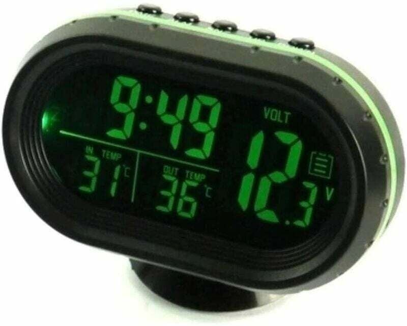 Digitalthermometer-Uhr, Auto-Voltmeter, 4-in-1, Alarm, Spannungsüberwachung, Uhr, LCD-Hintergrundbeleuchtung, 12/24-Stun...