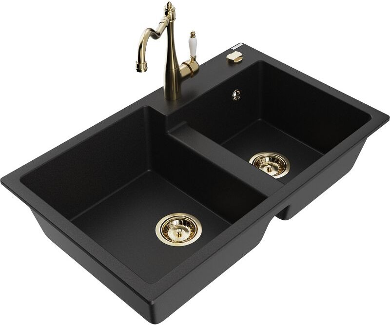 Tomas 2-Becken-Granitspüle mit Mischbatterie Carla, Schwarz - 6516-77-670700-50 - Mexen