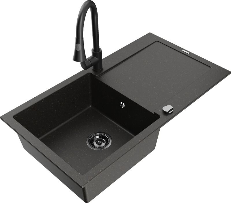 Leo 1 Becken-Granitspüle mit Abtropffl√§che und Mischbatterie Elia, Schwarz/Gold metallisch - 6501-75-670101-70-B - Mexe...