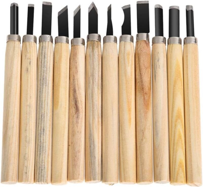 Jusch - 12 Stück Holzgravur-Werkzeug, Schnitzwerkzeug, Holzhand, Holzgravur, Holzgriff, Schnitzmesser für Bildhauer, Zim...